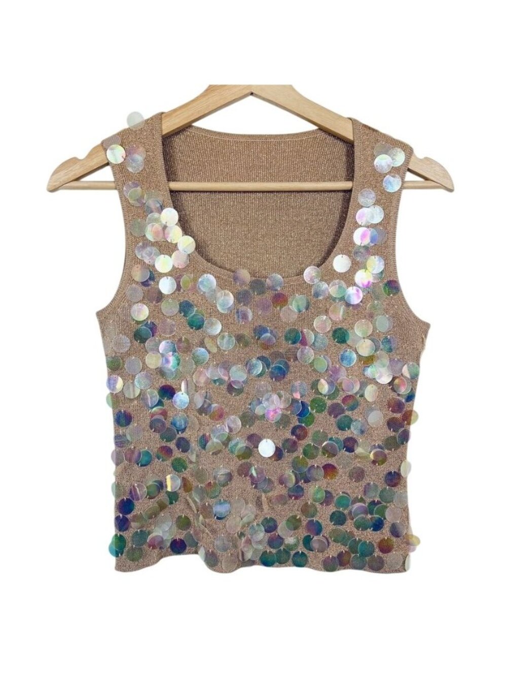 Iridescent Paillette Sequin Knit Tank Top Sz S Y2K Disco Mermaid Festival Glam
